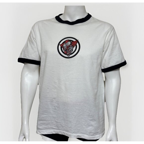 Vintage Single Stitch Ringer Shirt Mens L Clown Bullseye Steel Wing 80s Murina - Picture 1 of 11